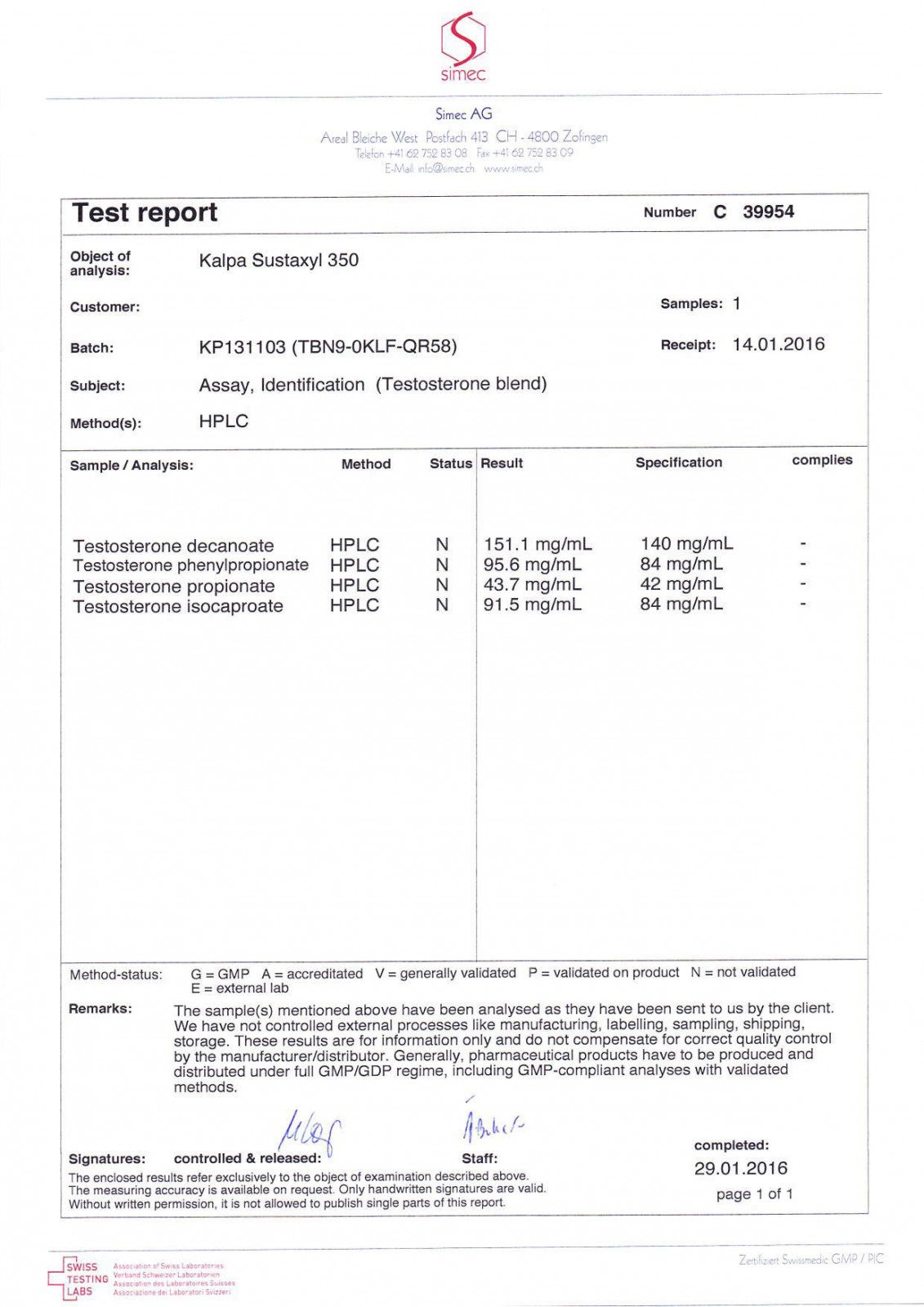 sustaxyl lab test results